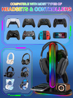 RGB Headset Stand with Wireless Charger, 8-in-1 Charging Station for iPhone, Samsung, Apple Watch Type-C/USB Ports, Gaming Headphone & Controllers Holder, Organizer for Desk Includes 20W PD Adapter