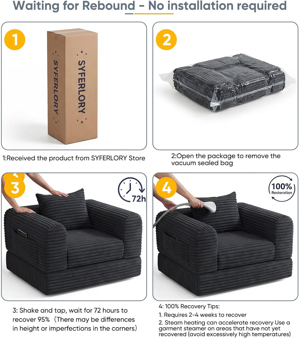 Versatile Boneless Accent Chair Couch Convertible Sleeper Chair Chaise Lounge Chair Indoor BeanBag for Adult Kids, Oversized Comfy Futon Floor Folding Sofa Bed Portable for Living Room Bedroom, Black