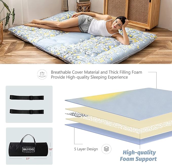 MAXYOYO Japanese Floor Mattress Futon Mattress, 4" Thicken Tatami Mat Sleeping Pad Foldable Roll Up Mat Boys Girls Dormitory Pad Kids Floor Lounger Pillow Bed, Charcoal Grey, Queen Size