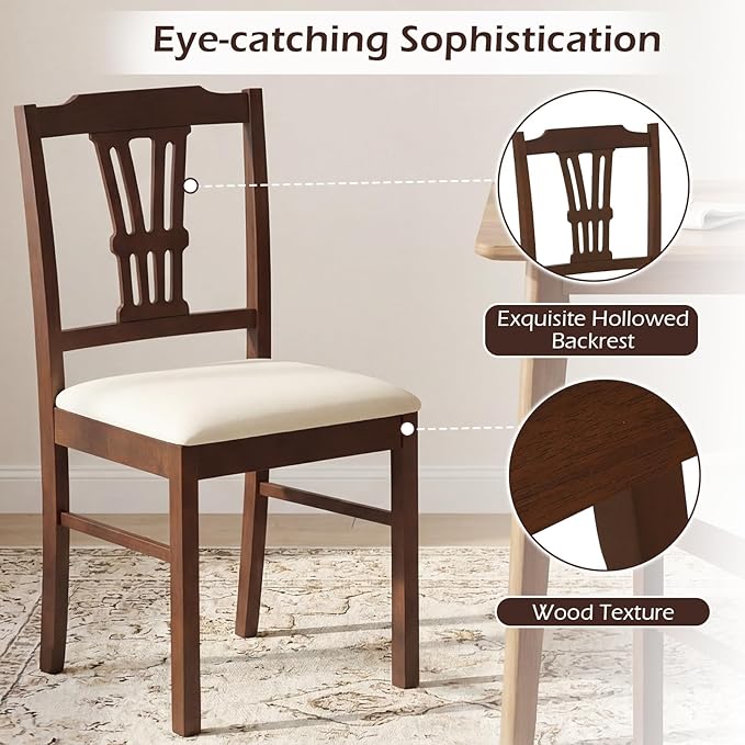 Giantex Wooden Dining Chairs Set of 2, Upholstered Kitchen Chairs with Solid Rubber Wood Frame, Hollowed Backrest & Soft Padded Seat, Armless Dining Chairs for Kitchen, Dining Room, Brown & Beige