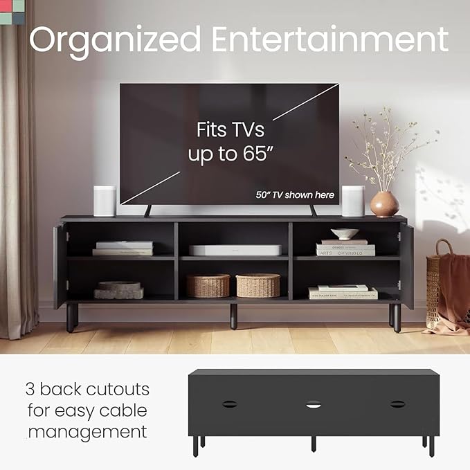 Fluted Wood TV Stand - Soft-Close Doors & Adjustable Shelves TV Console with Storage - Cable Management Entertainment Center - Fluted Doors Hide Components Media Stand - Black, 70