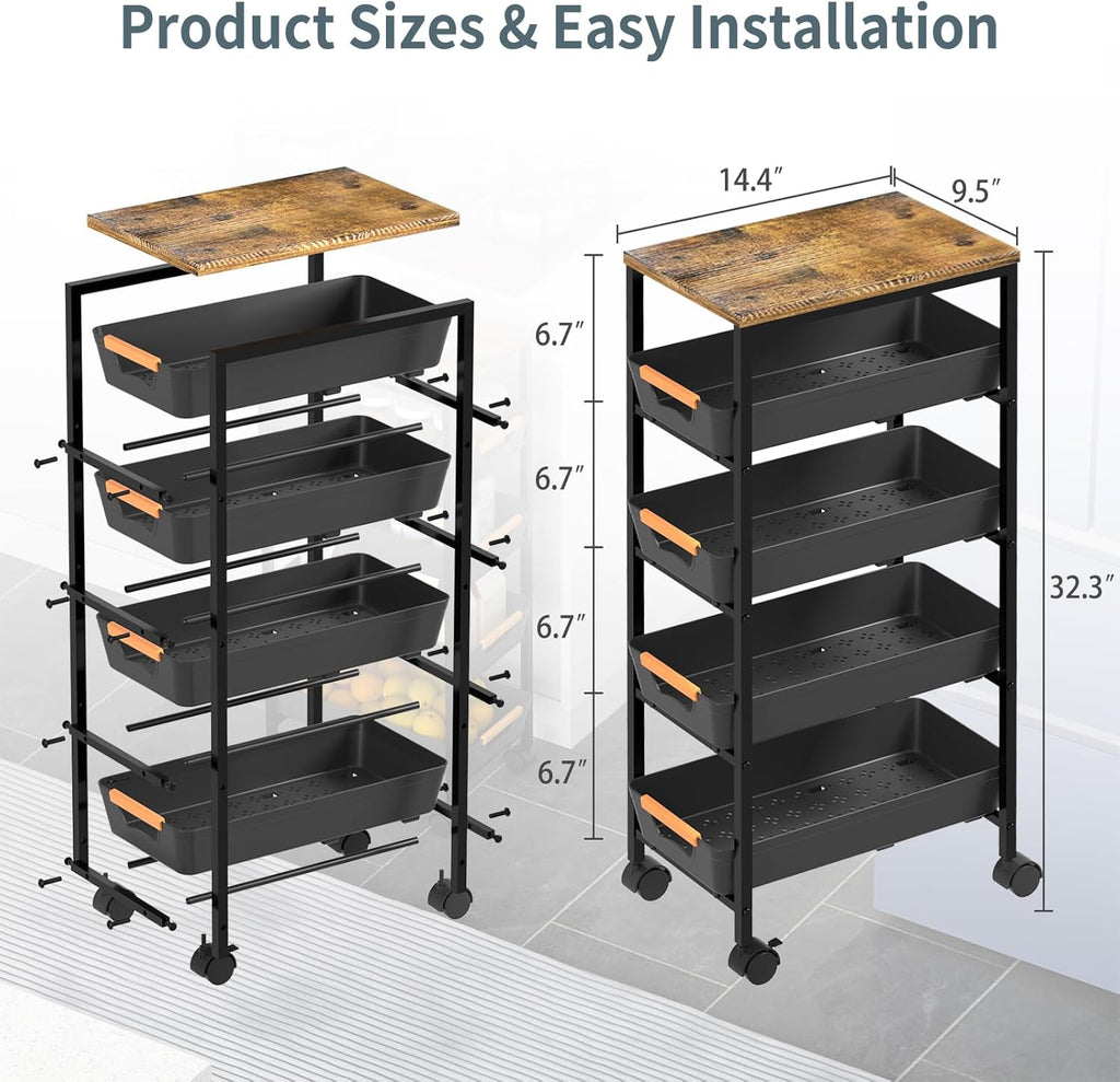 5 Tier Slim Rolling Utility Cart with Drawers Pull-Out Design Slim Storage Cart with Metal Frame and Wooden Top for Narrow Space in Home Kitchen Bathroom Black (Width 9.5 Inches)