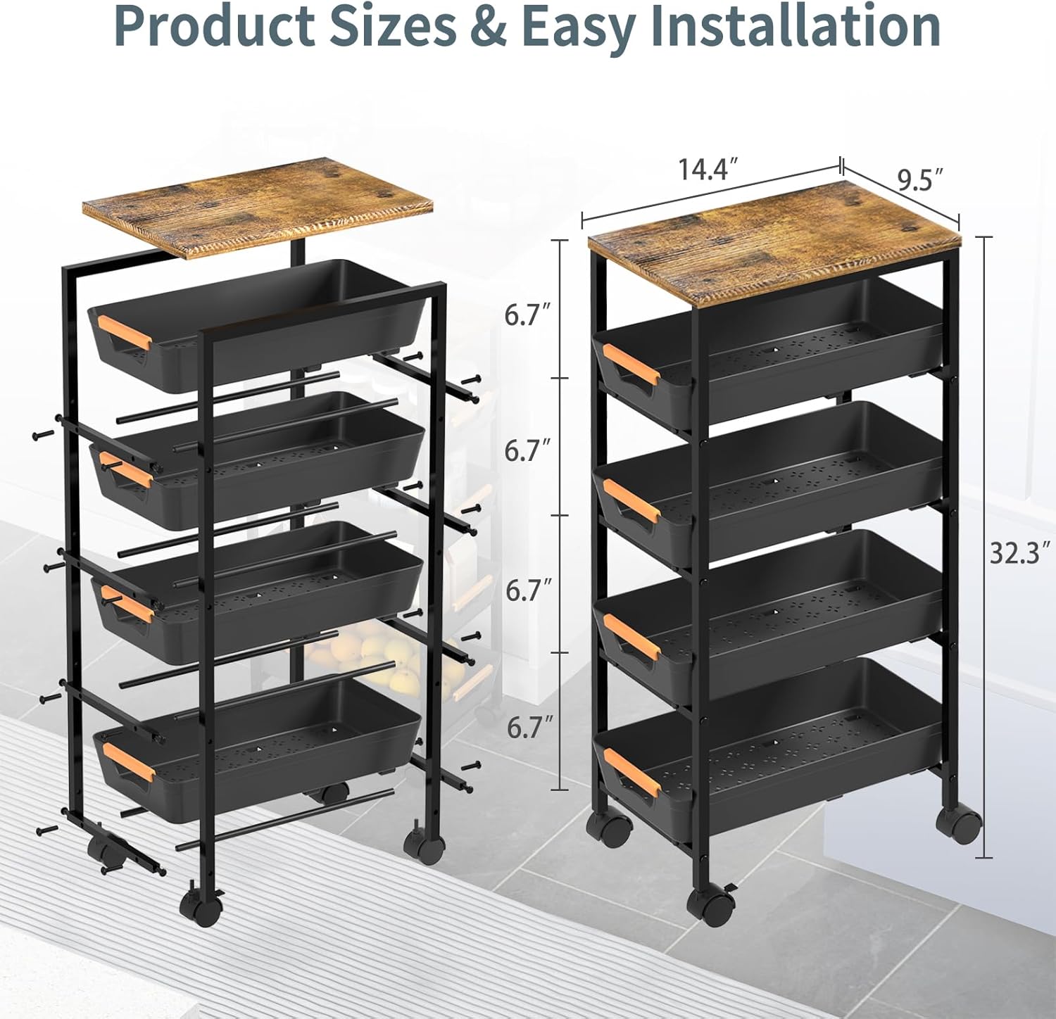 5 Tier Slim Rolling Utility Cart with Drawers Pull-Out Design Slim Storage Cart with Metal Frame and Wooden Top for Narrow Space in Home Kitchen Bathroom Black (Width 9.5 Inches)