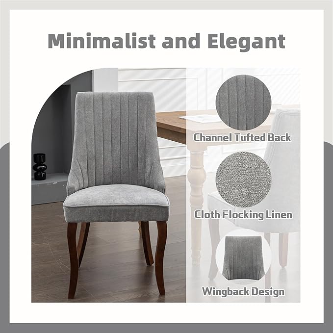 Grey Dining Chairs Set of 2，Linen Channel Tufted Kitchen Dining Room Chair with Curved Solid Wood Legs, Comfortable Fabric Upholstered Dining Chair for Dining Room, (Grey, 2pc)