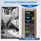 Over the Door Organizer for Toy Guns, Toys Storage Back of Door Hanging Organizer with Large Capacity Pockets and Adjustable Straps, for Kids Foam Blasters, Darts, Goggles and Toys Gun Accessories