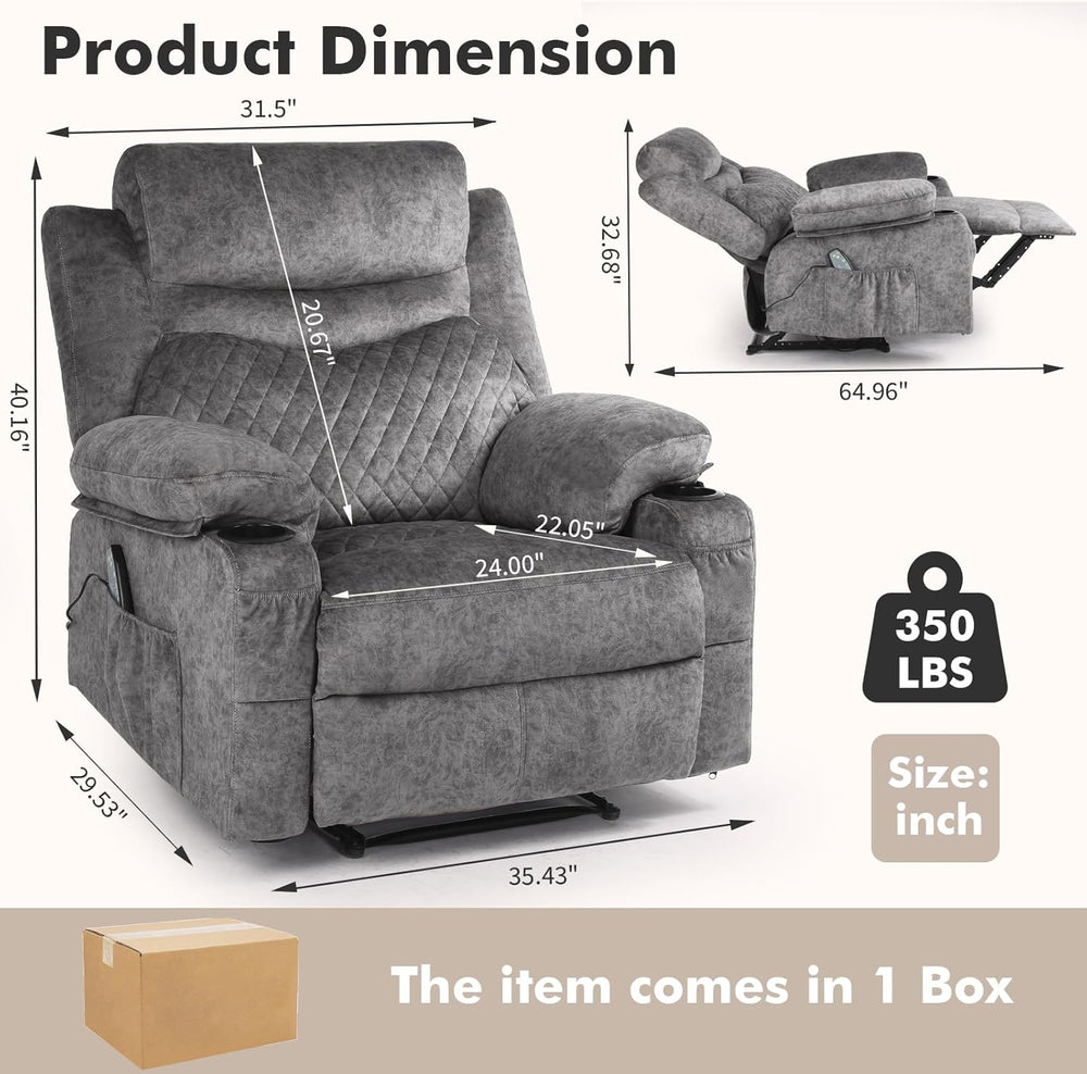 Overstuffed Massage Recliner Chair with Heat, Wide Seat Reclining Chair for H...