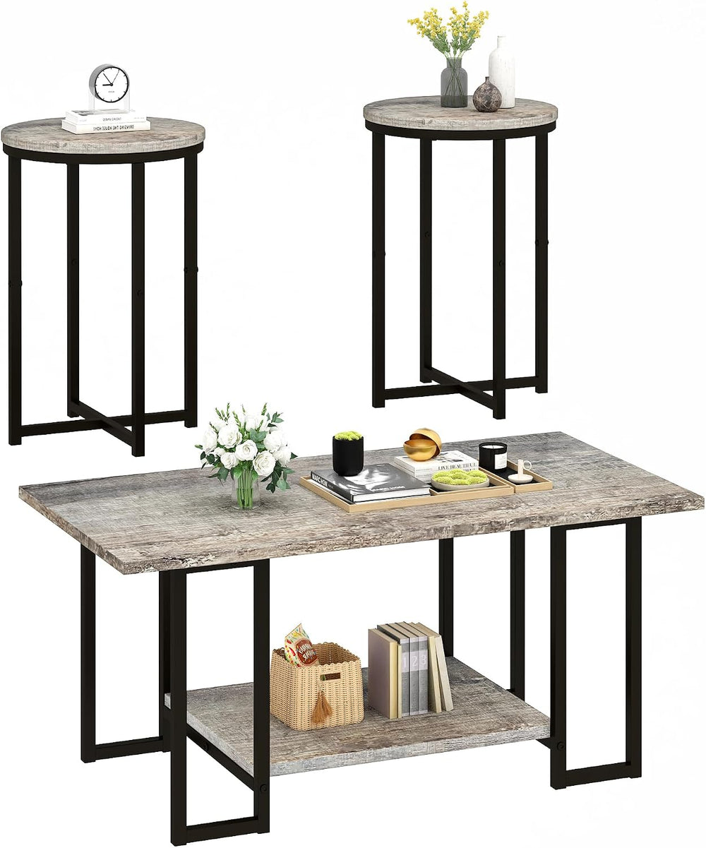 AWQM Coffee Table Set of 3, Modern Wood Living Room Table Set, Gray