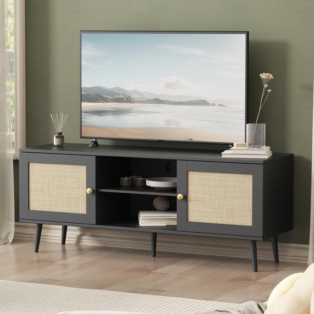 Furnify Rattan TV Stand for 50/55/60 inch TV, Boho 53" Entertainment Cen...