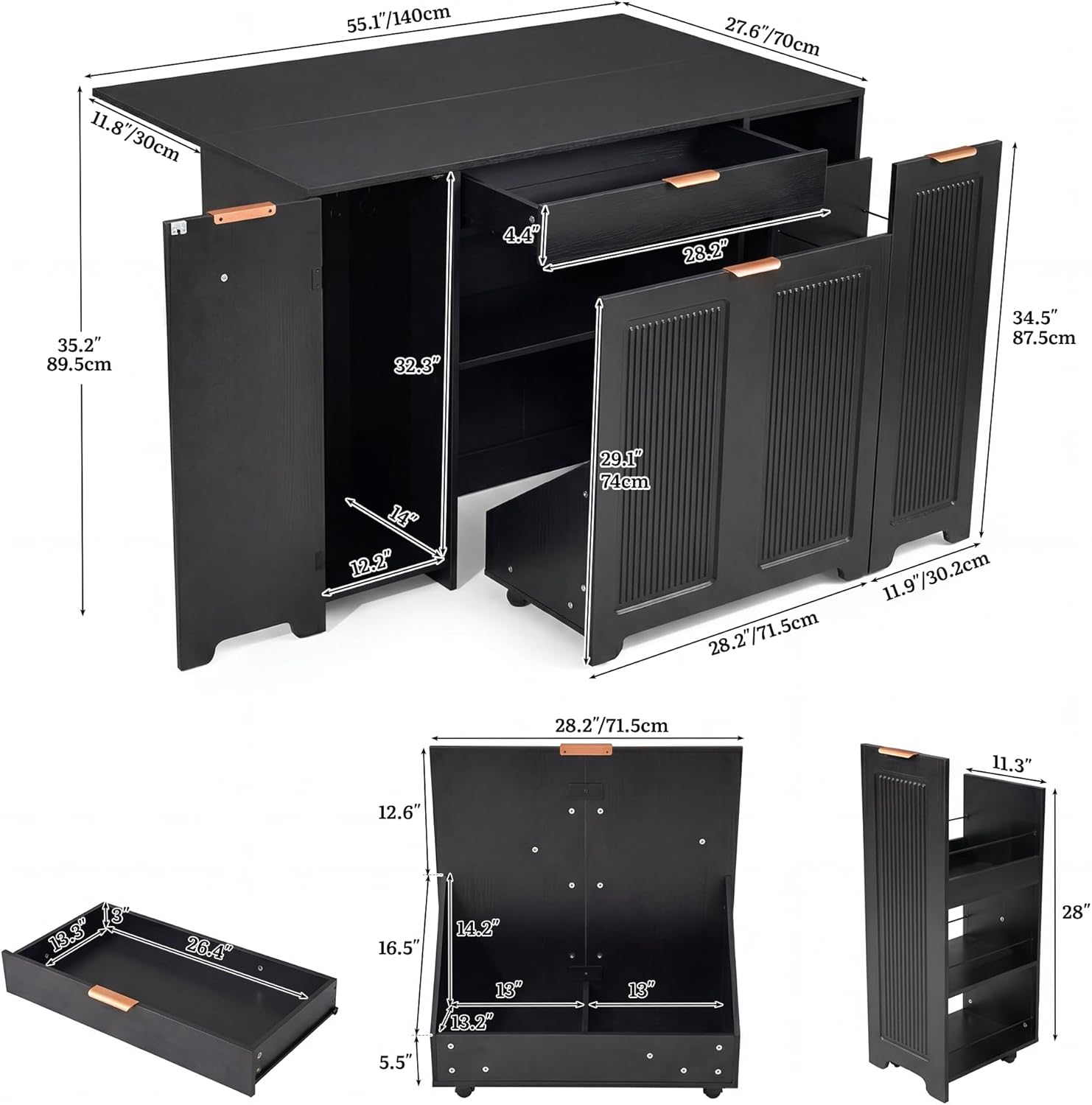 YITAHOME Expandable Kitchen Island with Hidden Trash Cabinet, 55.1" Rolling Kitchen Island with Drop Leaf, Storage Drawer & 3-Tier Side Shelves, Mobile Kitchen Island on Wheels with Towel Bar & Hooks