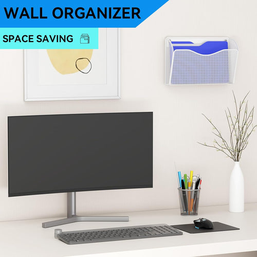 3 Single Pocket Wall File Holder, Mesh Hanging File Folder Paper Organizer, Vertical Wall Mounted Mail Basket, Storage Organization Magazine Rack for Office, Home and School, White