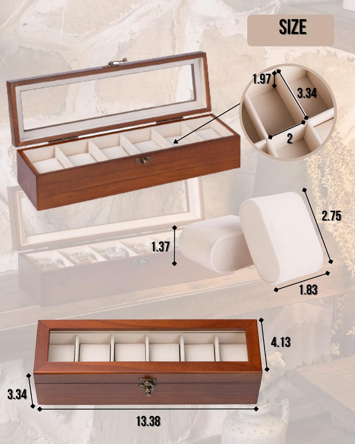 Watch Box, Watch Case for Men Women with Large Glass Lid, Wooden Watch Display Storage Box with 6 - Slots, Classic Walnut Mens Watch Box Organizer
