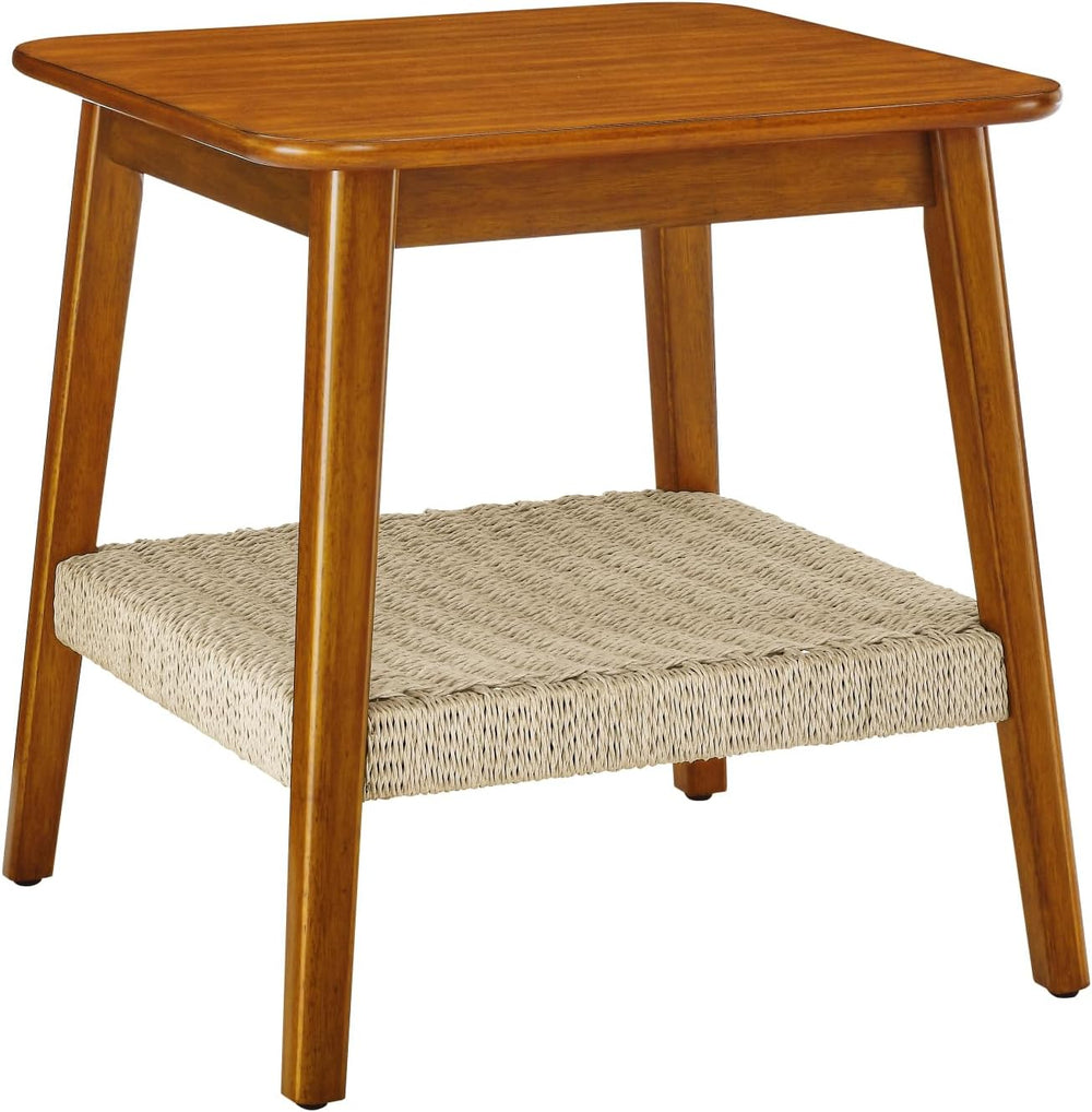 Geelife 23" Mid-Century Side Table with Woven Shelf, Boho Side Table wit...