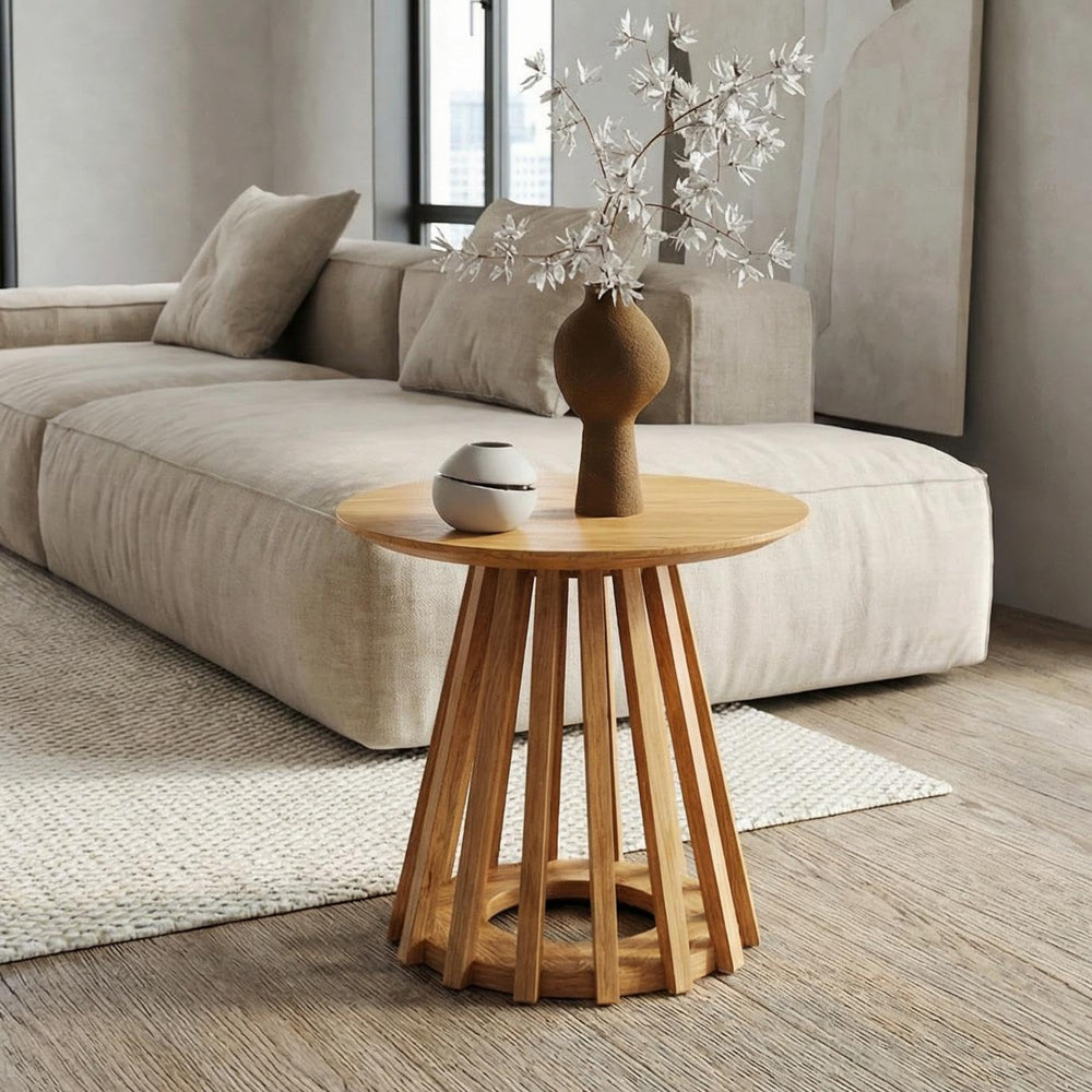 DUOMAY Modern Solid Round Side Table with Geometric Base, Natural Wood Accent...