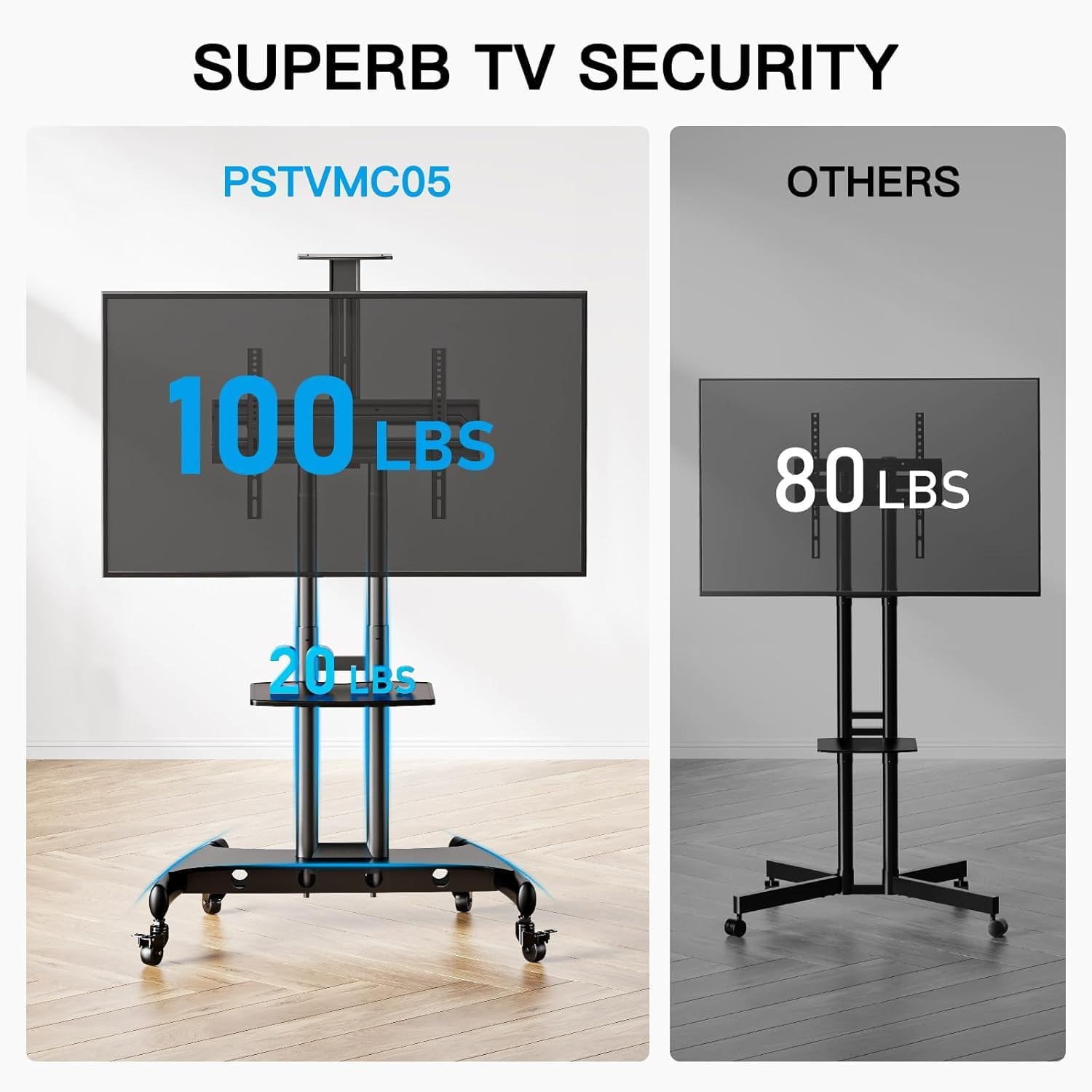 PERLESMITH Rolling TV Stand with Wheels for 32-85 Inch LCD LED 4K Flat Screen TVs, Tilt Mobile TV Cart with Shelf Holds Up to 100 lbs, Height Adjustable Floor TV Stand Max VESA 600x400mm- PSTVMC05