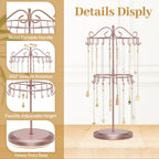 MODOWEY Rotating Necklace Holder Organizer Display Stand with 42 Hooks, 2 Tier Adjustable Metal Tree for Long Necklace Hanger, Tall Spinning Bracelet Storage Rack for Men Women, Rose gold