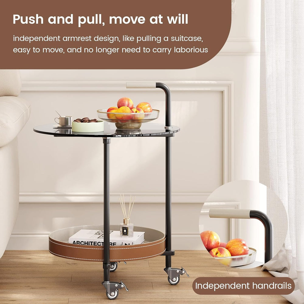 Sofa Side Table, 2-Tier Metal Frame Glass Top End Table on Wheels, Round Besi...