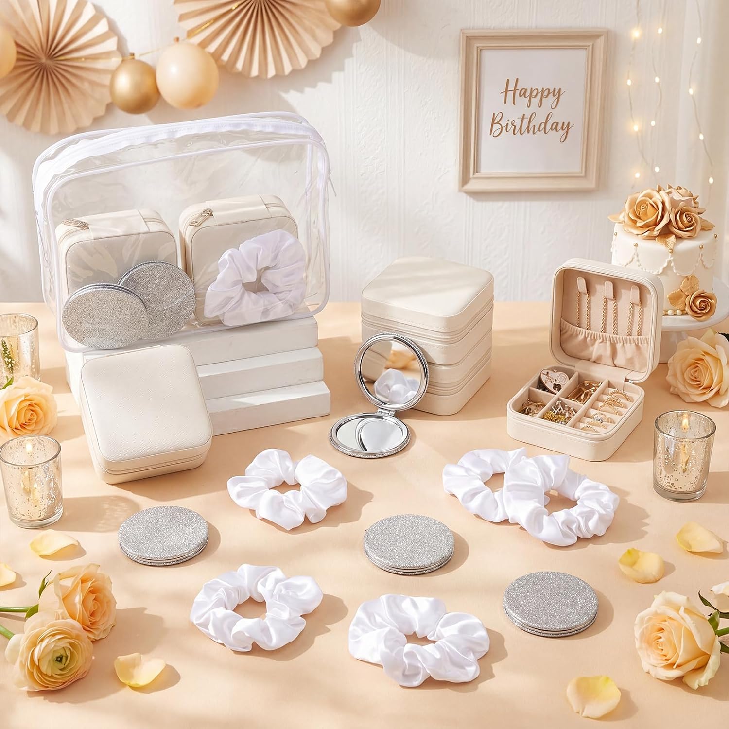 Yalikop 24 Pcs Spa Party Favor 6 Jewelry Boxes 6 Scrunchies 6 Glitter Mirrors 6 Bag Gift for Bridesmaid Bridal Bachelorette Party (White)
