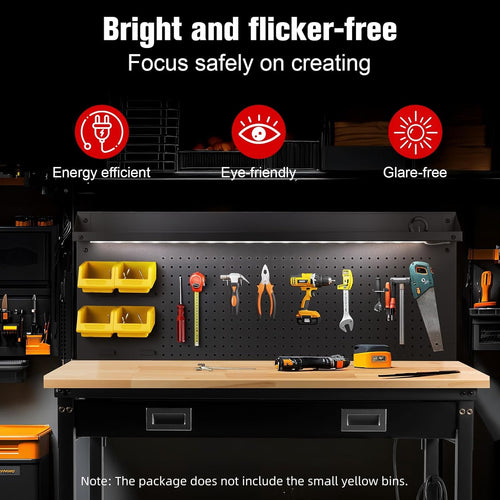 48" Workbench with Drawers, Work Benches for Garage with Strip Light, Adjustable Work Table with Large Pegboard, 2000 LBS Heavy Duty Table with Power Outlet Rubber Wood for Garage, Office