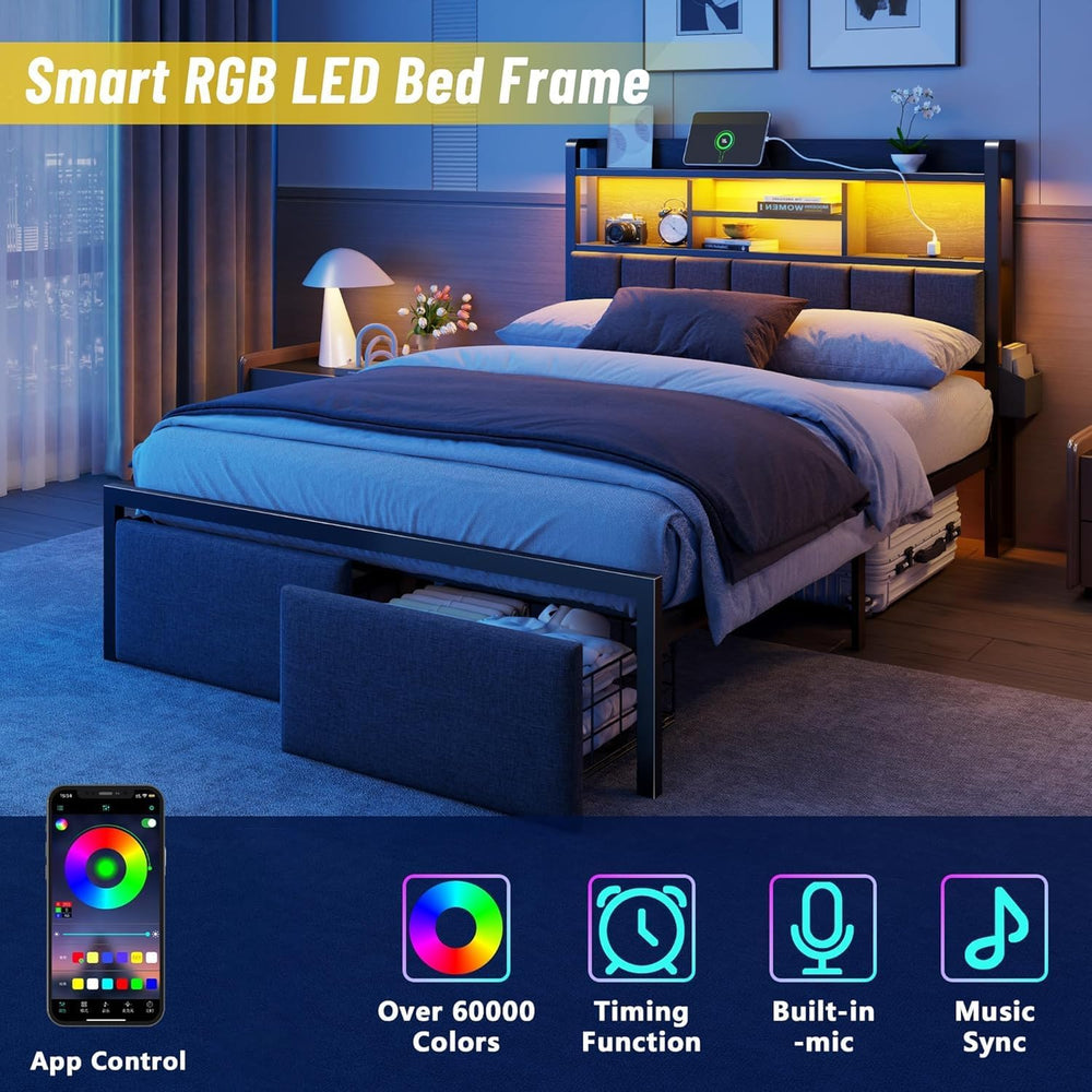 Furnulem Full Size Bed Frame with Headboard, Drawers, Charging Station, LED