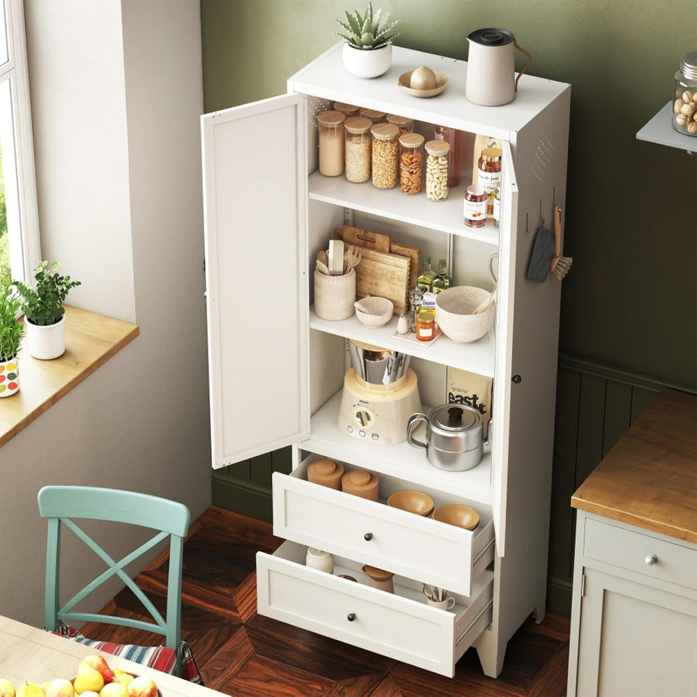 Hassyee White Metal Kitchen Pantry Cabinet Adjustable Storage with 4 Shelves ...