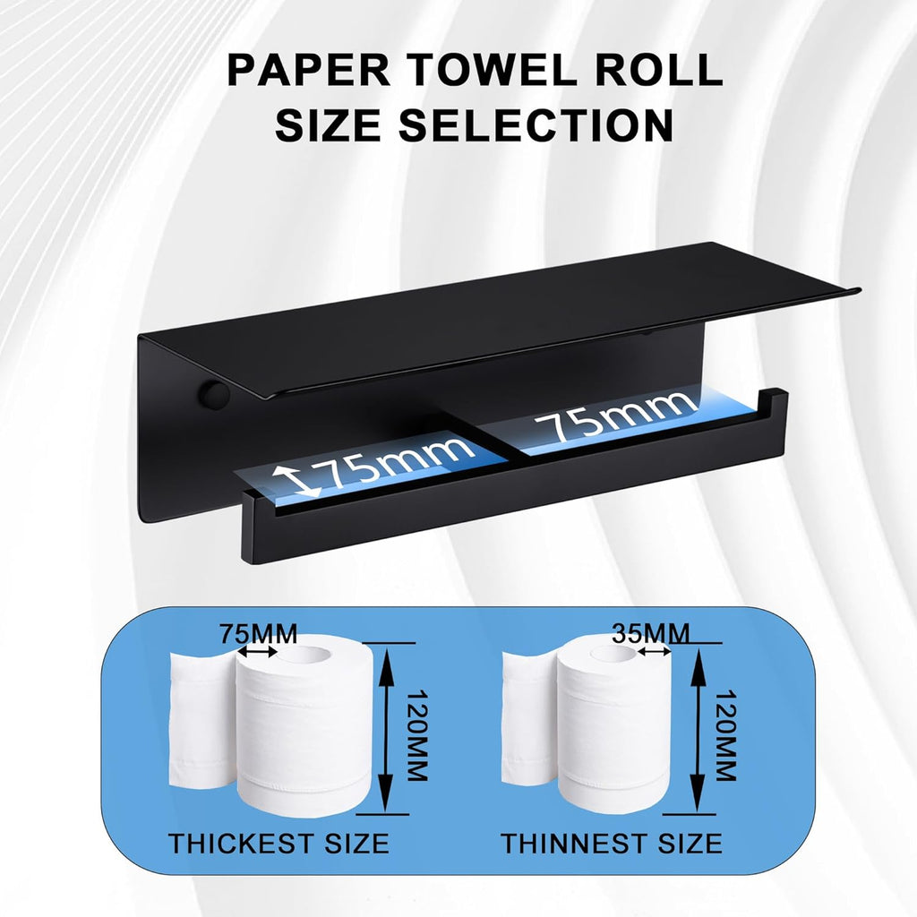 LANC Double Toilet Paper Holder with Shelf, Matte Black Commercial Roll Tissue Dispenser with Phone Shelf for Bathroom Wall Mounted or 3M Self-Adhesive Stainless Steel Storage, A8377MB