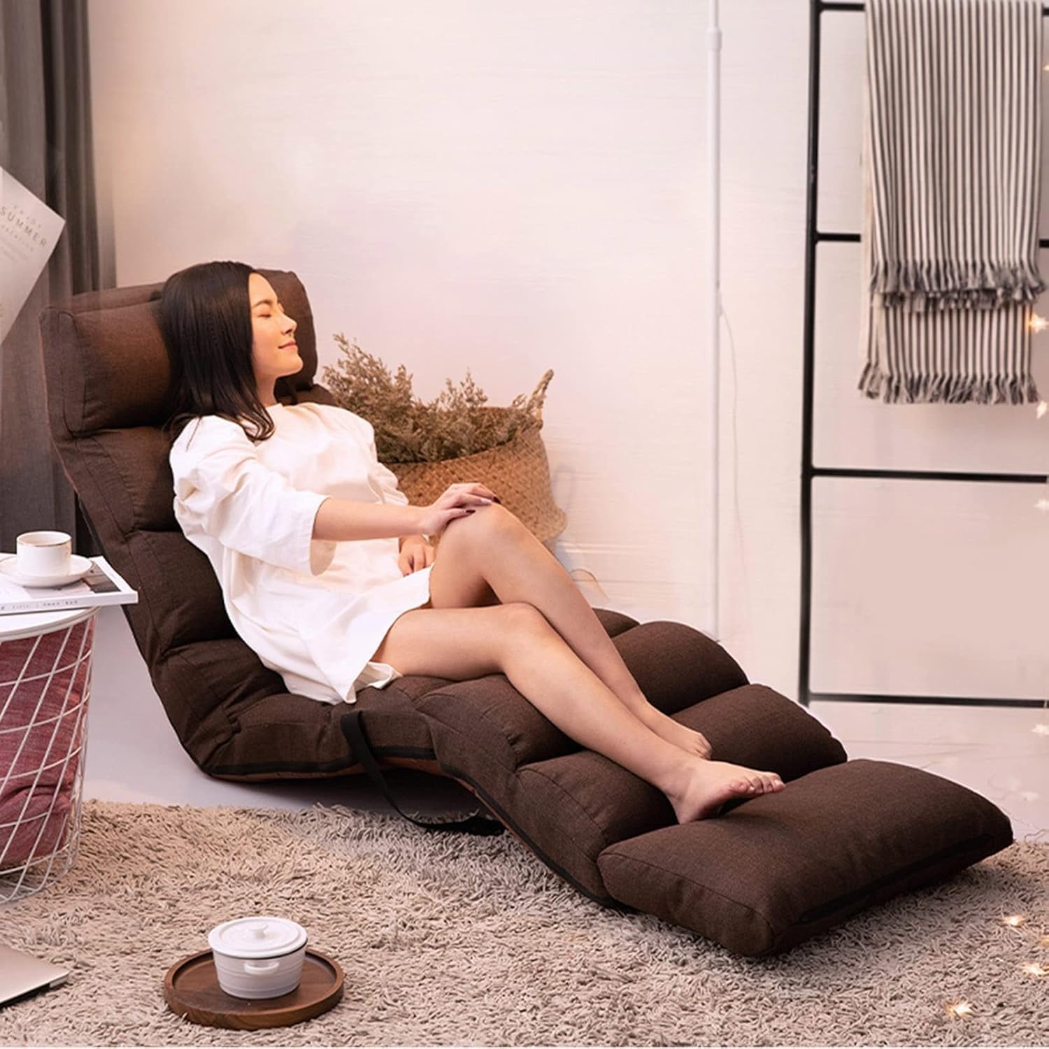 Folding Lazy Floor Chairs, Balcony Bay Window Reading Reclining Lounge Garden Sun Lounger,(Coffee Color)