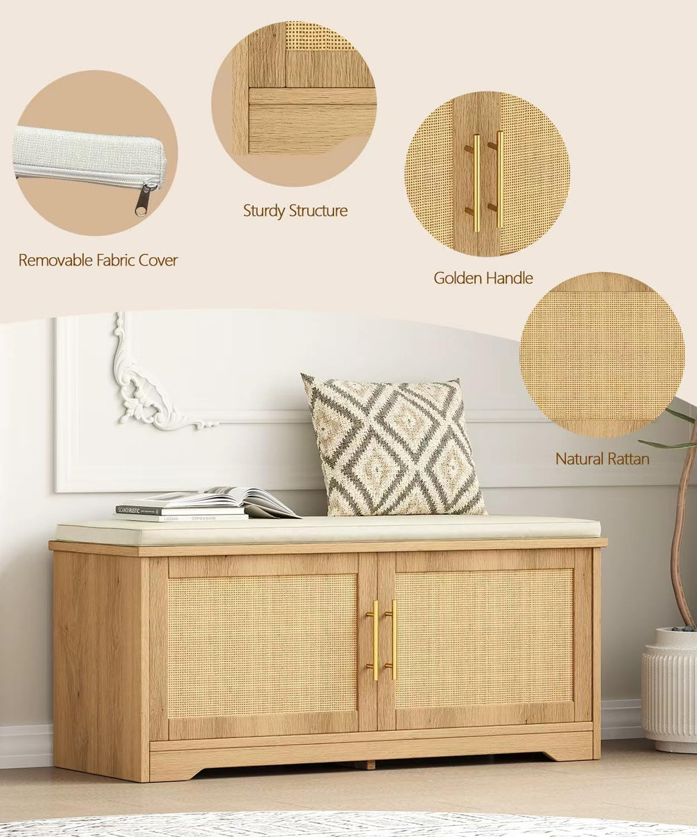 Rattan Shoe Storage Bench with Cushion, 39.4" Wide Entryway Bench with A...