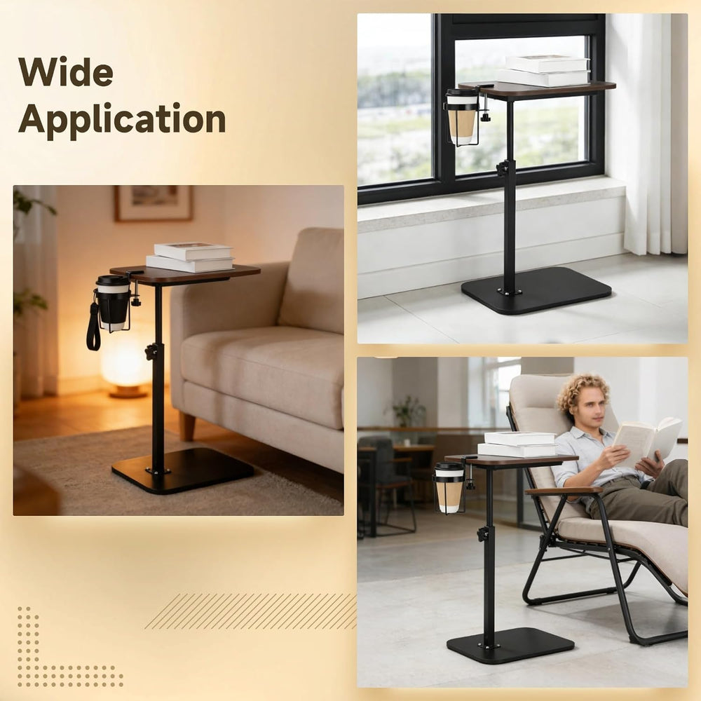 Rotating C Shaped Side Table with Cup Holder, Adjustable Height Sofa Side Tab...