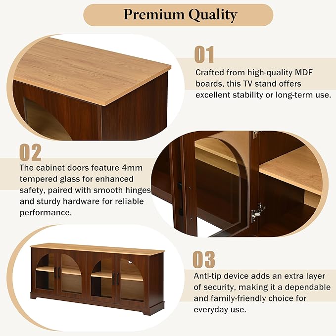 Farmhouse TV Stand with Adjustable Shelves for TVs up to 70'', Entertainment Center with Semi-Arched Glass Doors, Wood Grain Sideboard with Cable Management for Living Room, Walnut
