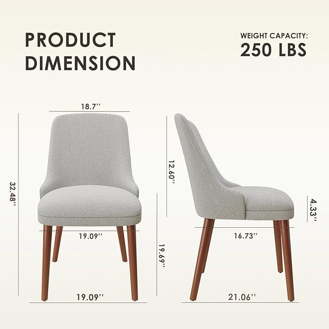Dining Room Chair Set of 2, Upholstered Kitchen Chairs with Wood Legs, High-Back Padded Dining Chairs for Dining Room/Restaurant/Cafe, Light Grey