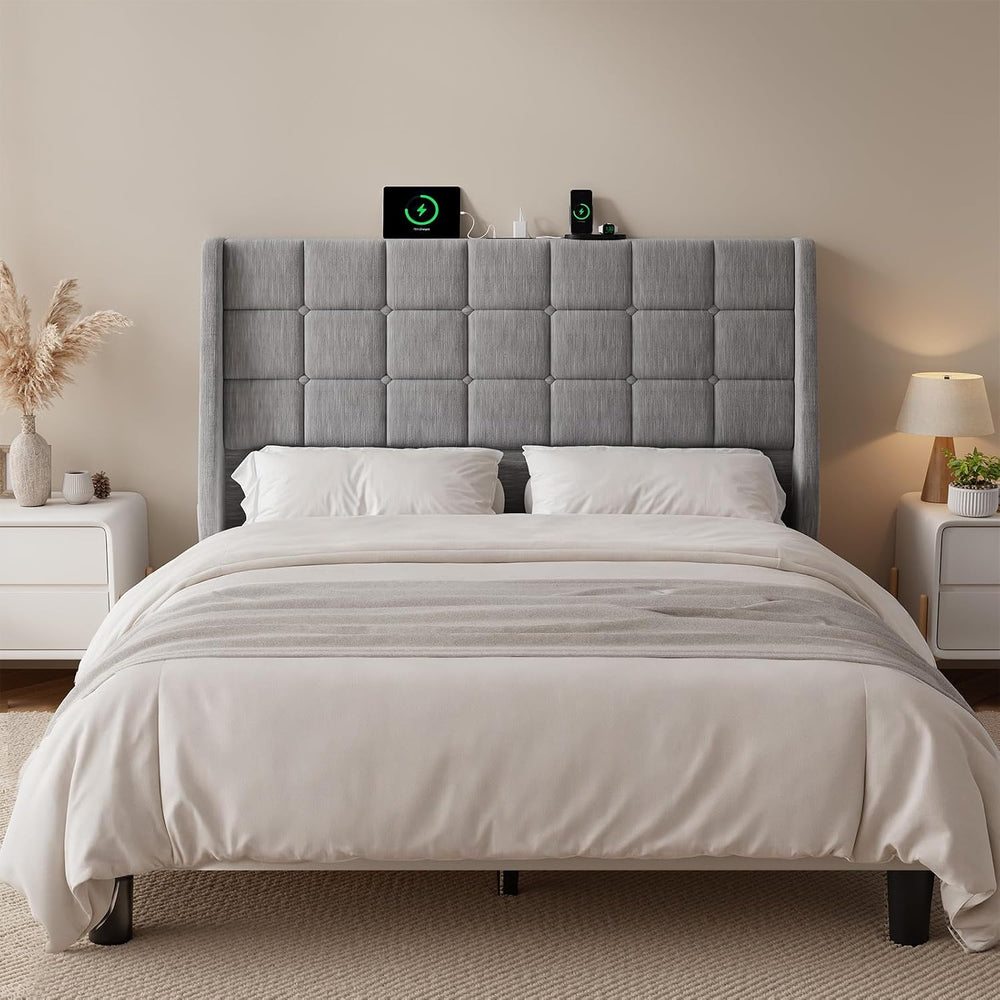 ONBRILL Queen Headboard Only with Charging Station, Soft Chenille Fabric