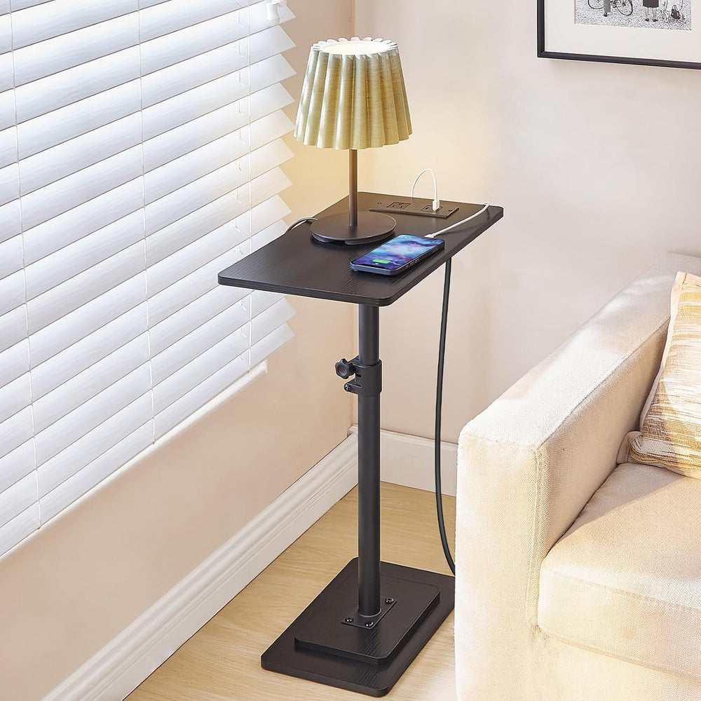HOOBRO Adjustable Height End Table, 360° Swivel Narrow Side Table with Chargi...