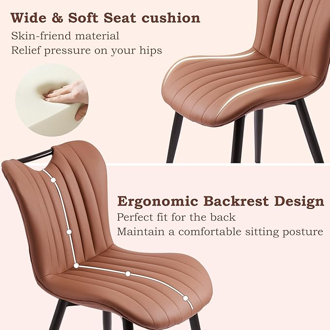 Leather Upholstered Dining Chairs Set of 4, Mid-Century Modern Kitchen Dining Room Chair with Black Metal Legs, Armless Faux Leather Accent Dinner Chairs Kitchen Side Chair, Camel