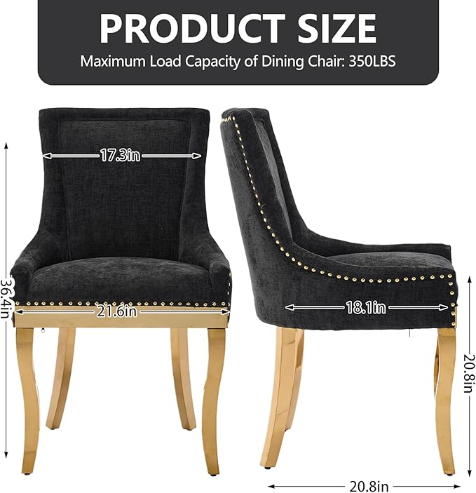 Upholstered Dining Chairs Set of 6, Modern Fabric Side Chairs with Gold Stainless Steel Legs, Accent Kitchen Chairs for Dining Room Table, Black