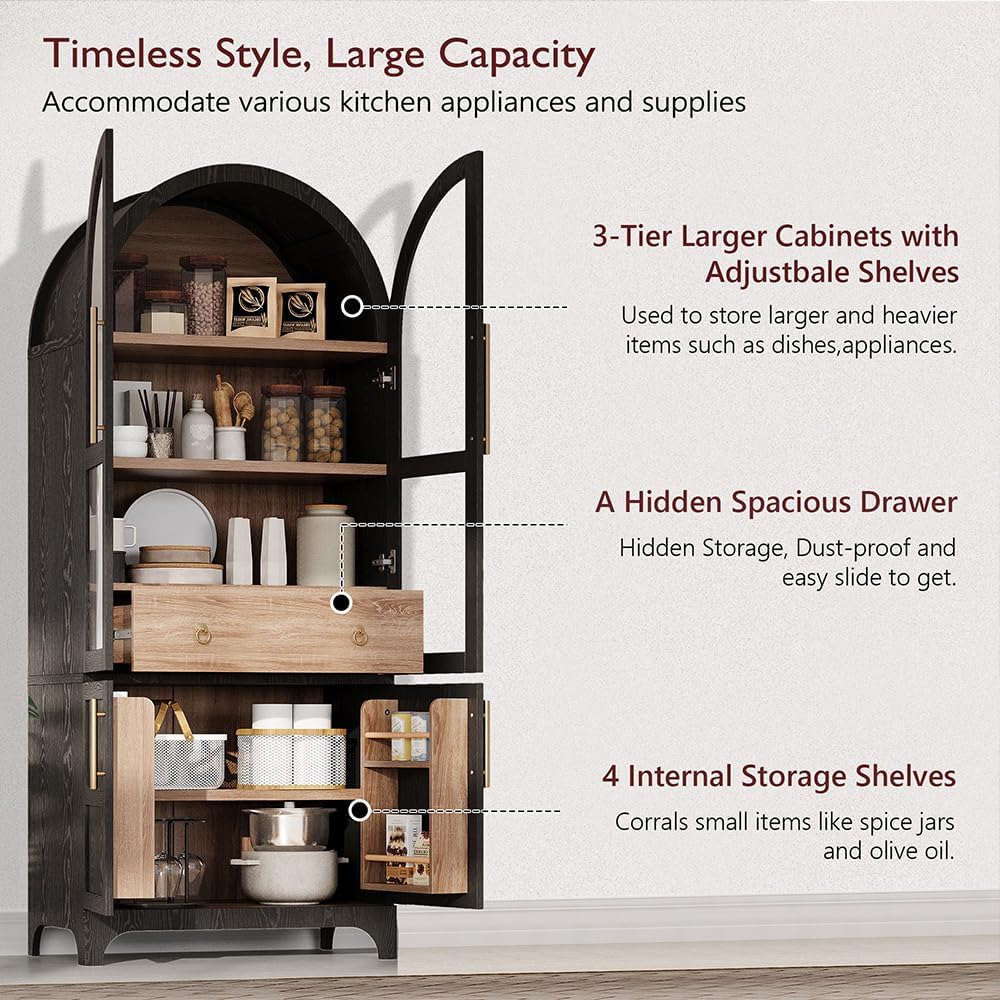 71" Tall Arched Kitchen Pantry Cabinet with Adjustable Shelves & Large Drawers, Arched Bookshelf with Storage Cabinet & Glass Doors, Wooden Versatile Cupboard for Dining Room (Black)