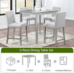 KEIKI 5-Piece Counter Height Dining Table Set with Square Table and 4 Upholstered Chair, for 4 Person, Classic Crystal Decoration Wooden Table Set, Easy Assembly, for Kitchen, Dining Room, Silver Grey
