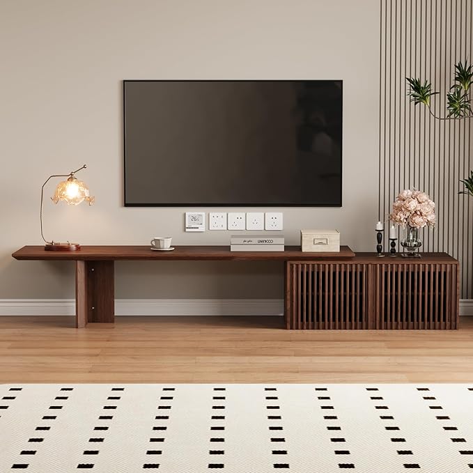XEW Extendable TV Stand with Storage and Shelves, Wood Entertainment Center for 55+ Inch TV, Modern TV Console, Minimalist Media Console for Living Room, Bedroom-Walnut (Extendable: 78.7"-110")