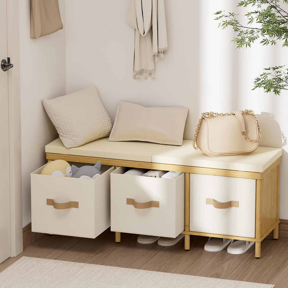 Shoe Bench, 43.3" Storage Bench, Entryway Bench with Cushion Seat | Natu...