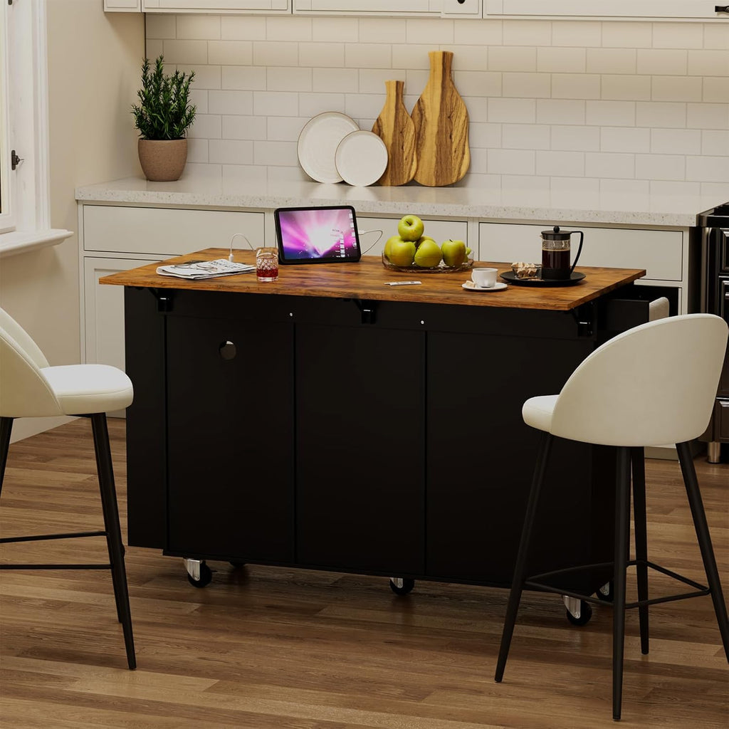 50.4" Kitchen Island with Storage,Rolling Kitchen Table with Power Outlet, Kitchen Island Cart with Folding Drop Leaf, Trash Storage Cabinet, Spice Rack, Towel Rack and Drawer-Black