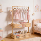 Extra Large Kids Clothing Rack for Toddler, Pet Clothes Rack with Double Storage Baskets & Hanging Rod, Baby Clothes Closet Stand for Nursery Room