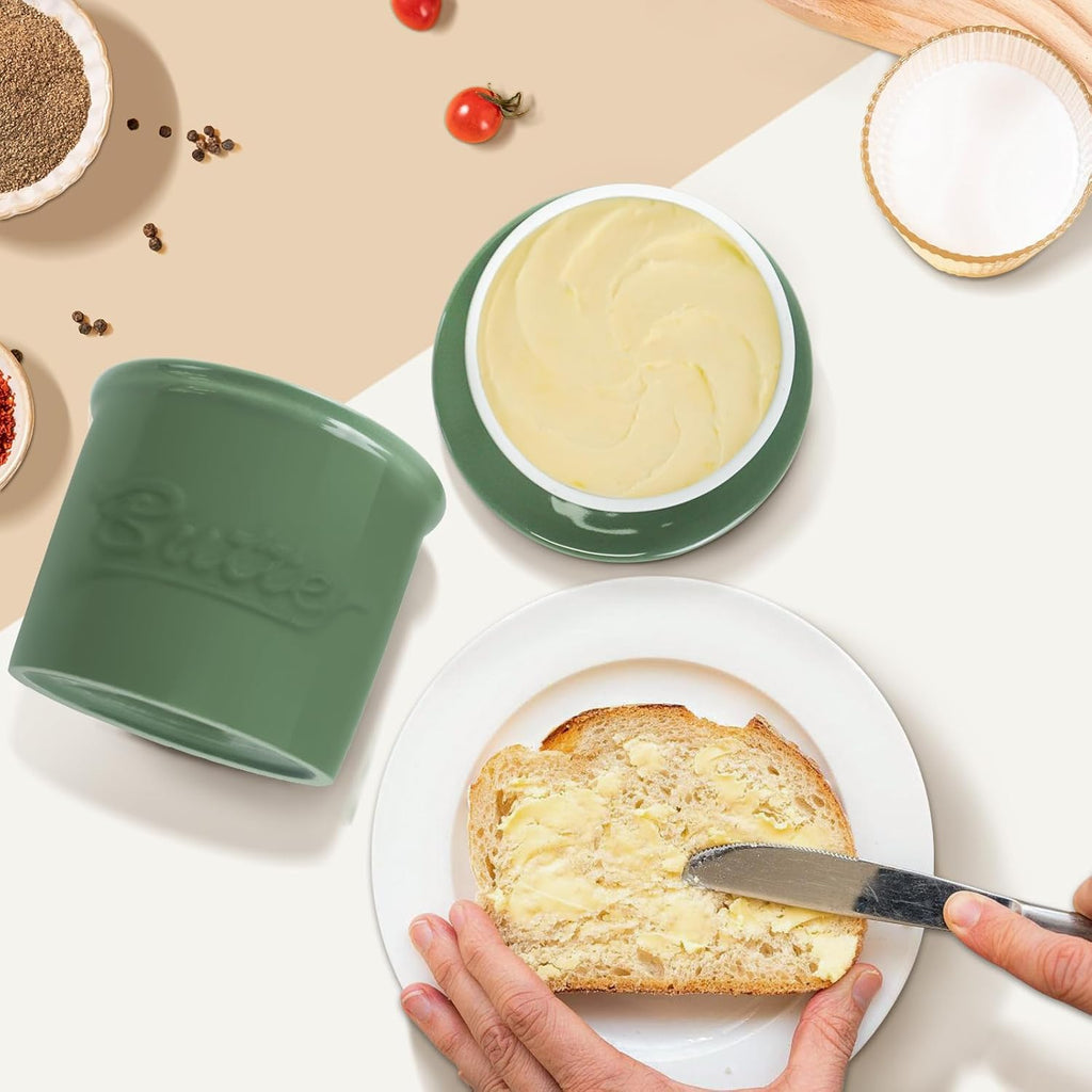 Butter Crock for Counter with Water, French Butter Keeper for Spreadable Butter Ceramic Butter Dish with Lid for Countertop, Butter Container Holder, Home Kitchen Decor (Green, M)