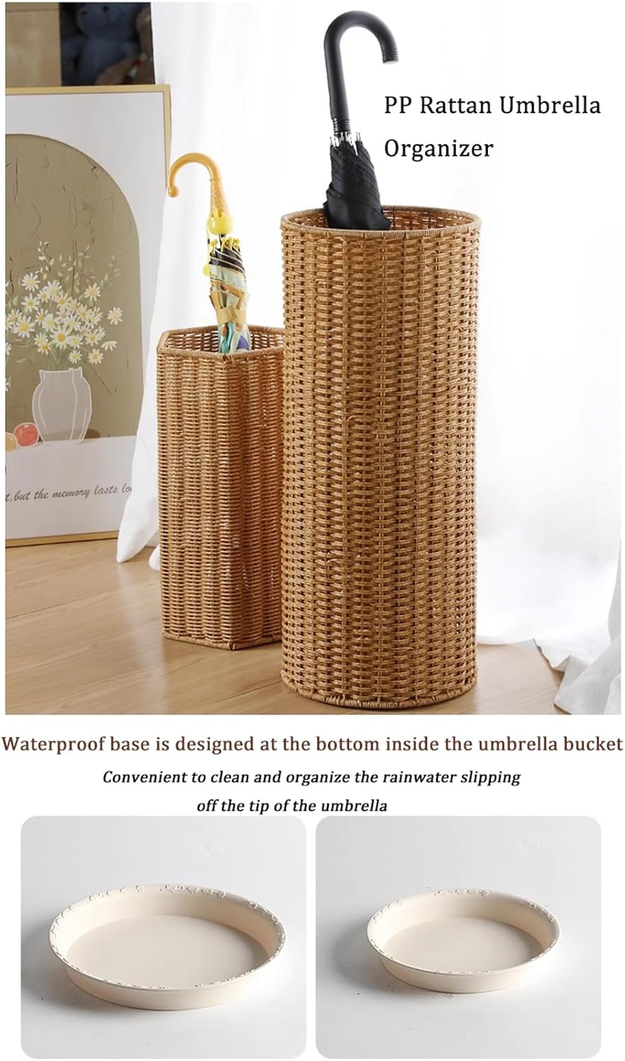 Umbrella Stand with Water Catch, Storage Basket, Rattan-style Umbrella Walking Stick Yoga Mat Holder, Freestanding Woven Bucket Shelf for Entryway Hallway Doorway Home (E-19.3″H)