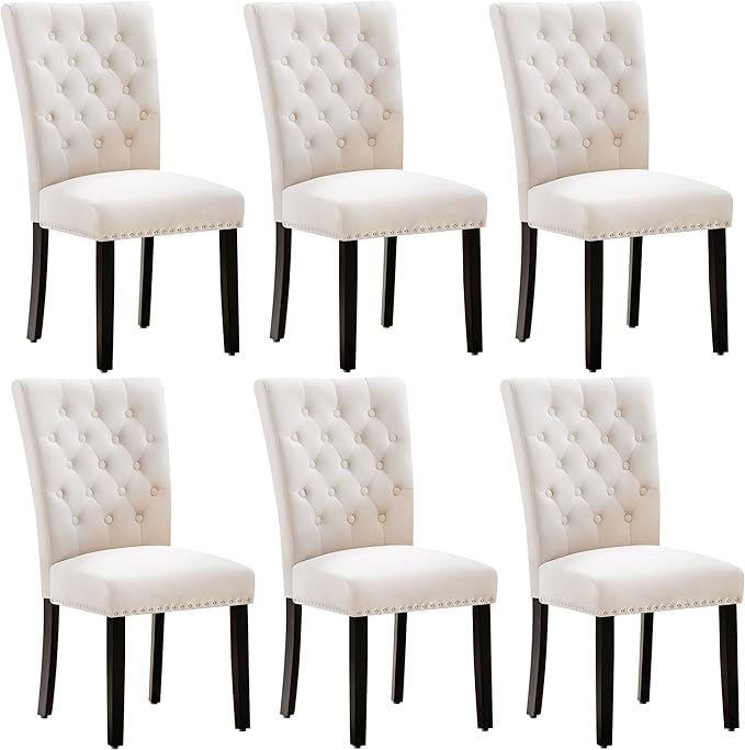 Velvet Dining Kitchen Chair Set of 6, Parsons Upholstered Dining Room Chair, Wood Accent Chair with Nailed Trim, Beige