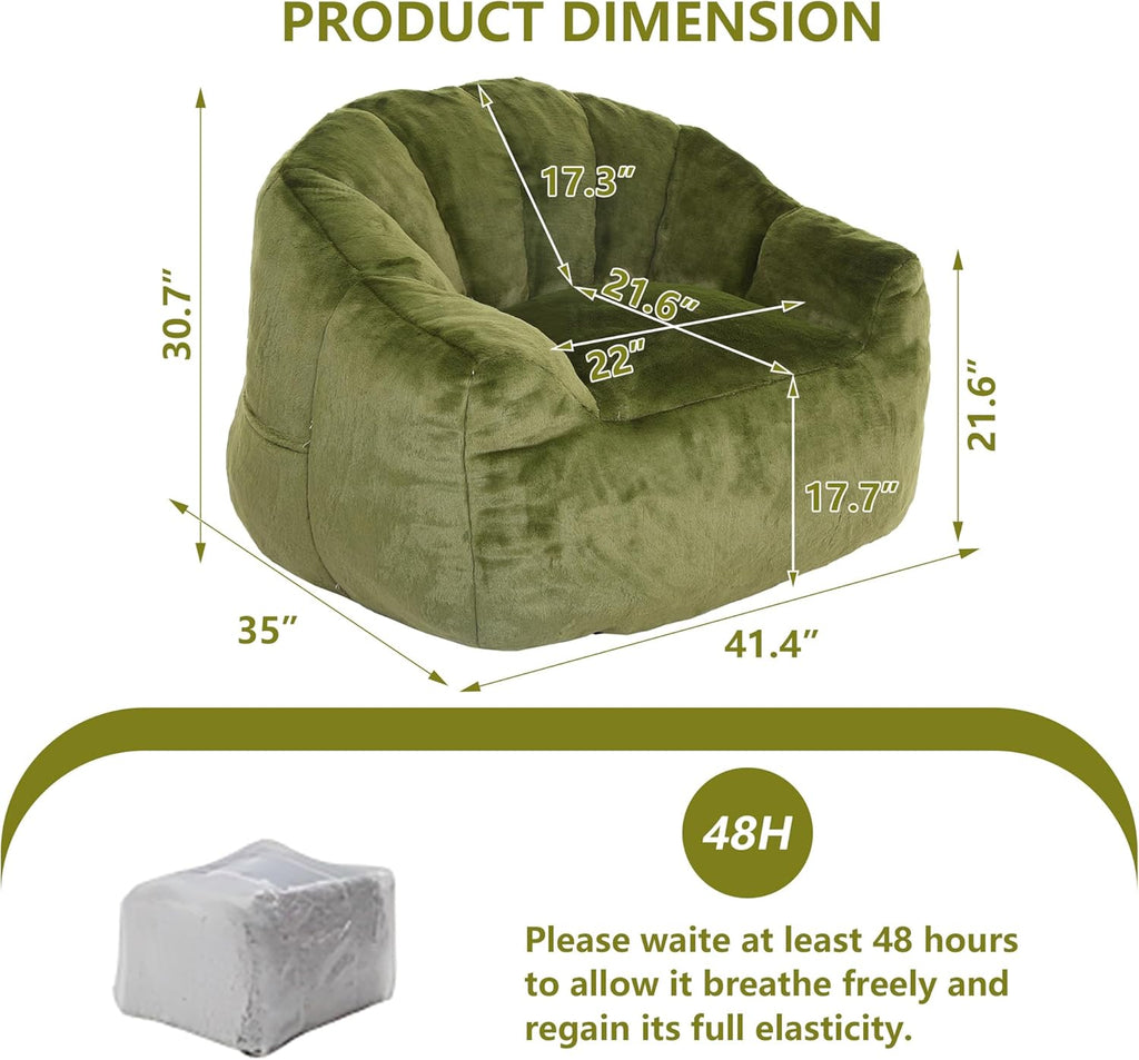 Setawix Giant Bean Bag Chair with Filler, Comfy Faux Fur Bean Bag Chairs for Adults and Kids, Lazy BeanBag Sofa Stuffed Floor Sofa with Memory Foam for Bedroom Apartment Living Room,Green