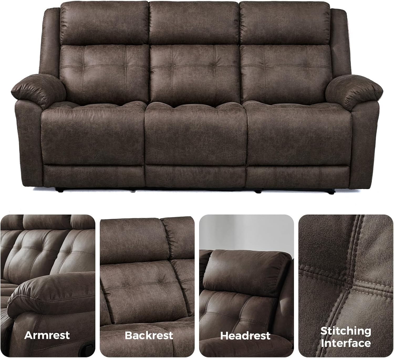 Oversized Manual Recliner Sofa, 86” Extra Wide 3 Seater Reclining Couch for Living Room, Dual Pull Handle Recliners, Upright Middle Seat, One-Piece Design No Assembly Required, Performance Fabric