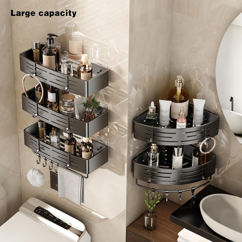 VOLPONE Corner Shower Caddy Adhesive Shower Shelf Corner No Drilling Bathroom Shower Organizer Storage Rack Rust-proof with Towel Bar (2-Pack, Gray)