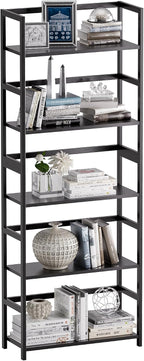 5-Tier Bamboo Wood Ladder Bookshelf, Tall Display Storage Shelf, Large Bookcase Modern Industrial Stand Organizer for Home, Office, Living Room, Kitchen, Bedroom, Black