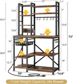 SNTD Baker Rack with Power Outlet - Microwave Stand with Storage, Large Coffee Bar Station with 14 Hooks, Metal Kitchen Shelf Rack for Spices, Pots (Rustic Brown) | with Power Outlet