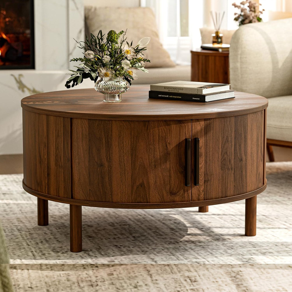 ZttRiee Round Coffee Table with Sliding Doors, Mid-Century, Walnut