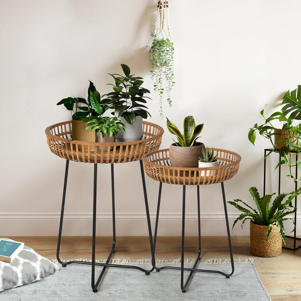Oakrain Rattan Side Table, Nesting Tables, Set of 2, Bamboo Coffee with Metal...